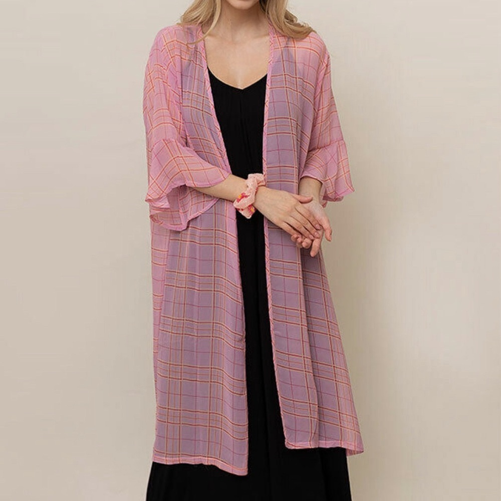 Do Everything In Love Women's Pink Plaid Flared Sleeve Kimono Cardigan